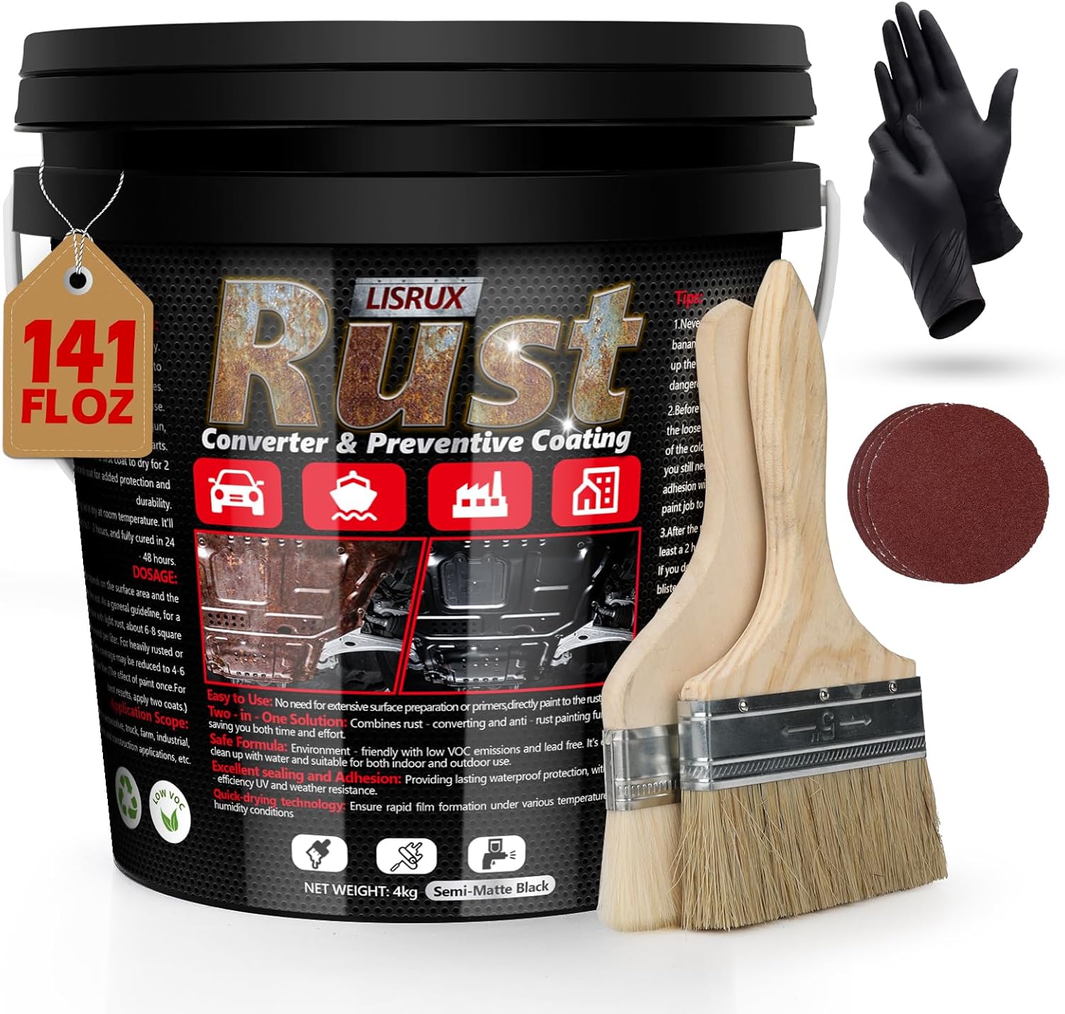 Rust Converter &amp; Metal Primer, 141 Fl Oz Black Rust Inhibitor Paint for Metal, Automotive Rust Reformer, Industrial Grade Water Based, Heat Resistance &amp; UV Resistant